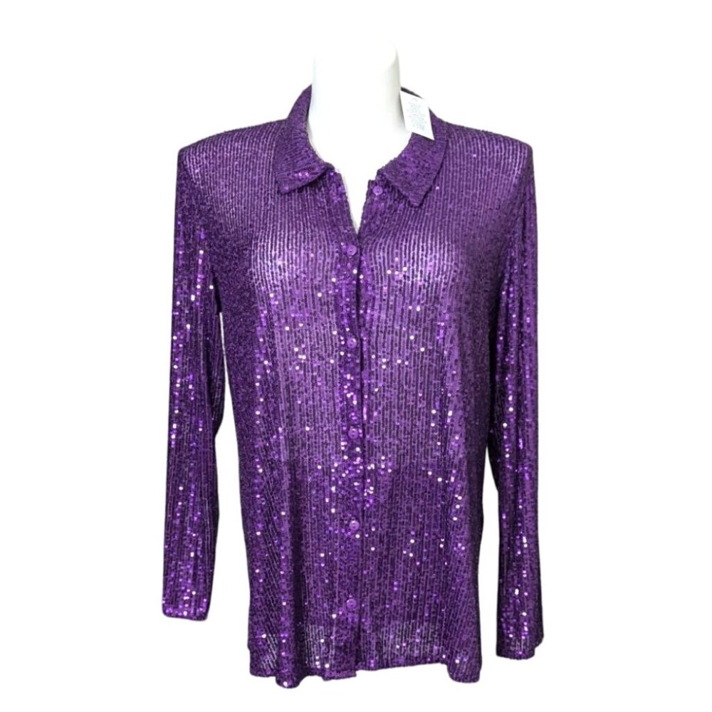 Purple Sequin Sheer Button Up Blouse Party Disco Event Cocktail Womens Large